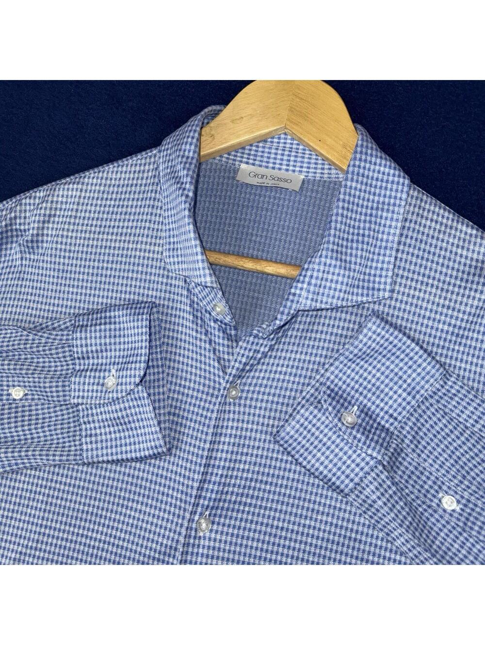 Gran Sasso Italy Made Button Up Shirt Men 60 Blue Gingham Luxury Cotton Casual